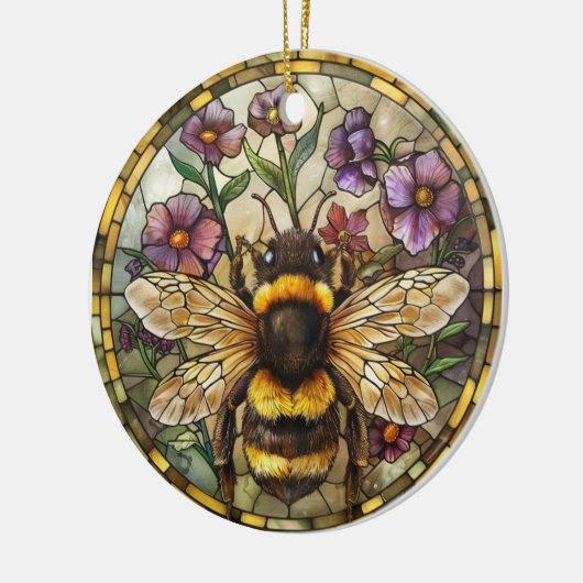 FELGEKLEURDE GLAZEN IN LOOD HONINGBIJ KERAMISCH ORNAMENT (Links)