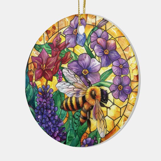 FELGEKLEURDE GLAZEN IN LOOD HONINGBIJ KERAMISCH ORNAMENT (Links)