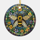 FELGEKLEURDE GLAZEN IN LOOD HONINGBIJ KERAMISCH ORNAMENT (Voorkant)