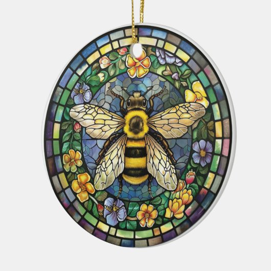 FELGEKLEURDE GLAZEN IN LOOD HONINGBIJ KERAMISCH ORNAMENT (Links)