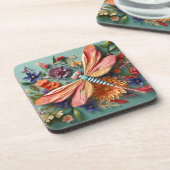 FELGEKLEURDE LIBELLE MET BLOEMEN BIER ONDERZETTER (Linkerzijde)