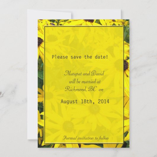 felgele maisiebloemen met uitzondering van de datu save the date (Achterkant)