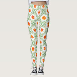 Felgroene en oranje bloem- en bladpatroonleggings leggings