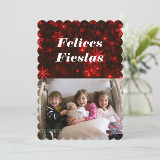 Felices Fiestas Snowflakes met Deep Red Flat Kaart (Staand voorkant)