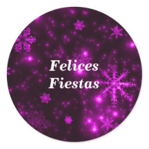 Felices Fiestas Snowflakes Paars Round Stickers