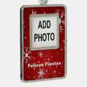 Felices Fiestas Snowflakes & Red Framed Ornament (Rechts)