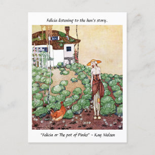 Felicia luistert naar het verhaal van de hen Kay N Briefkaart