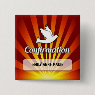 Felicitatie Bevestiging Duif met Goud, Rood Vierkante Button 5,1 Cm