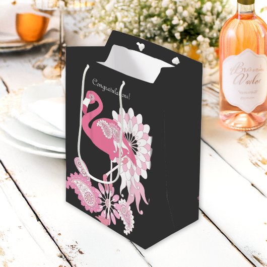 Felicitatie! Black Paisley Pink Flamingo Medium Cadeauzakje