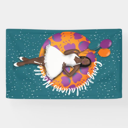 Felicitatie! Zwarte vrouw, ballonnen en bloemen Spandoek (Horizontaal)