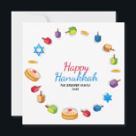 Felicitaties Hanukkah Moderne Foto Dreidel Ster Na<br><div class="desc">Dit vakantiedesign bevat de tekst "Felicitaties Hanukkah" in moderne rode en blauwe typografie omgeven door dreidels,  gouden munten,  sterren en sufganiyah. Gepersonaliseerd met jouw naam en favoriete foto aan de achterkant.
#hanukkah #chanukah #vakantie #seizoensgebonden #feestelijk #modern #dreidel #ster #munt #goud #sterdavid #ontwerp #ontwerper #kaarten #groeten #wenskaarten #briefpapier #foto #fotokaarten</div>