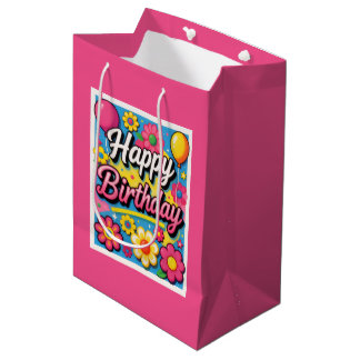 Felicitaties verjaardagsbloemen en ballonnen medium cadeauzakje