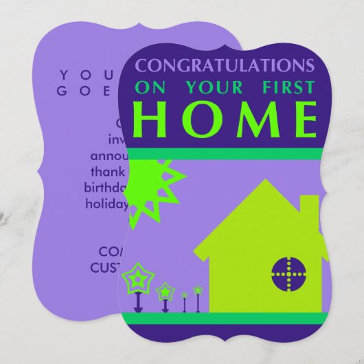 felicitaties voor uw eerste huis ( paarse vormen ) kaart (Voorkant / Achterkant)