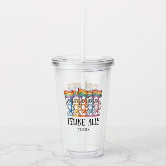 Feline Ally – Rainbow Cat LGBTQ Pride Acryl Drinkbeker (Voorkant)