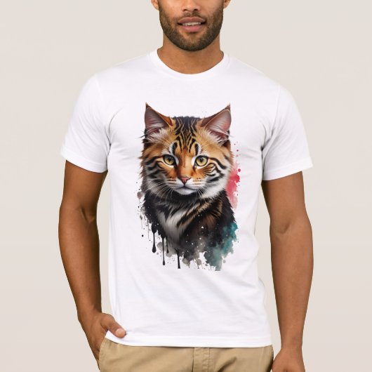 Feline Beige Tiger-Striped Cat Waterverf Splash T-shirt (Voorkant)