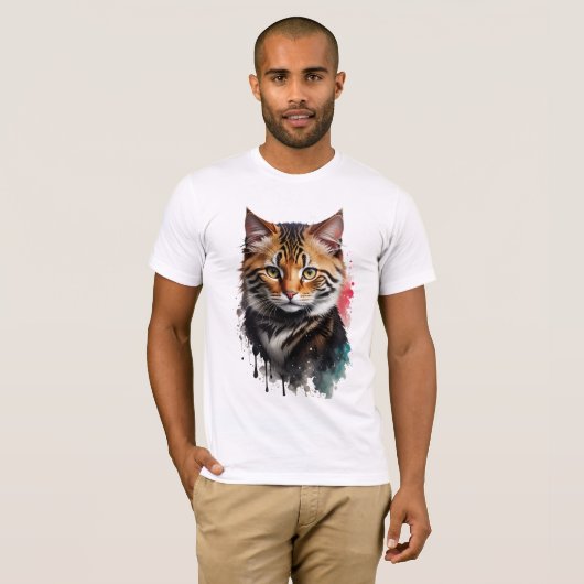 Feline Beige Tiger-Striped Cat Waterverf Splash T-shirt (Voorkant volledig)