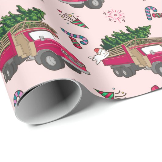 Feline Feesten Kerst Rode Vrachtwagen en Kat Cadeaupapier (Rol Hoek)