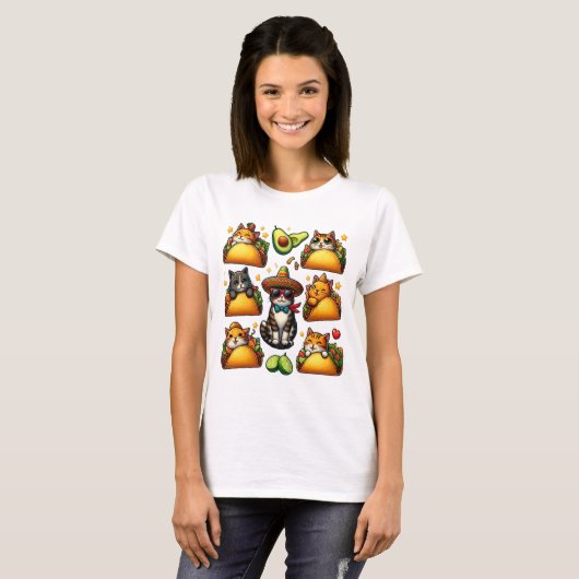 Feline Fiesta: katten en taco's T-shirt (Voorkant volledig)