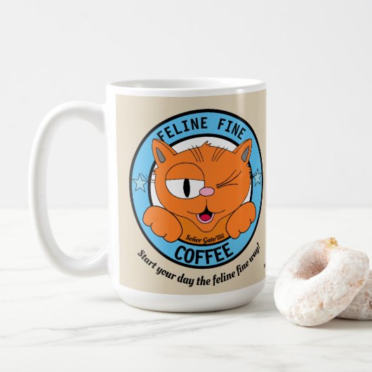 FELINE FINE COFFEE Cute Cartoon Cat Señor Gato Koffiemok (Met donut)