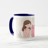"Feline Friendship" Ceramic Mug - White with Blue  Mok (Voorkant links)