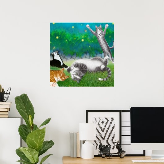 Feline Fun met Fireflies Poster (Thuiskantoor)