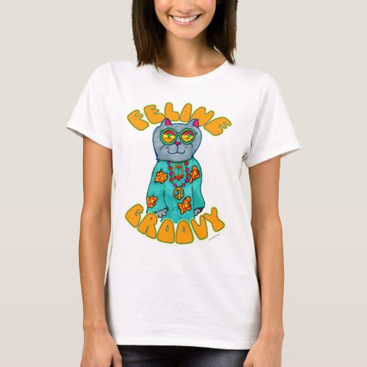 Feline Groovy Hippie Cat Cartoon T-shirt (Voorkant)