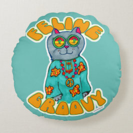 Feline Groovy Hippie Cat Marker Art Design Rond Kussen