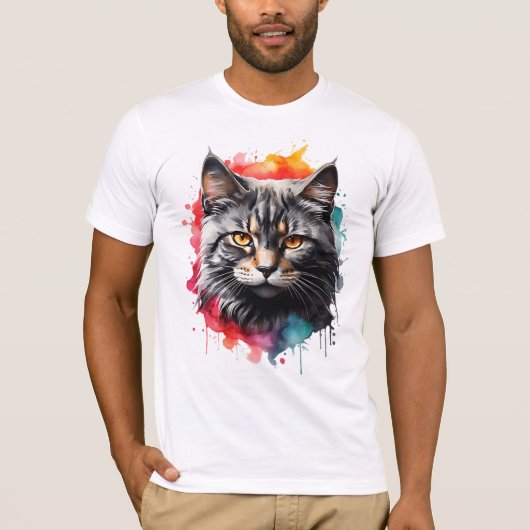 Feline Kat Grijs Tijger-Gestreepte Kat Waterverf A T-shirt (Voorkant)