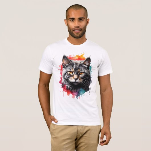 Feline Kat Grijs Tijger-Gestreepte Kat Waterverf A T-shirt (Voorkant volledig)