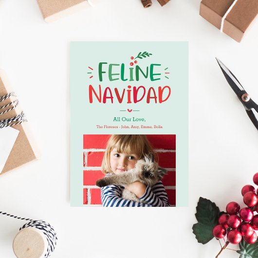 Feline Navidad Pet Holiday Fotokaart Feestdagenkaart