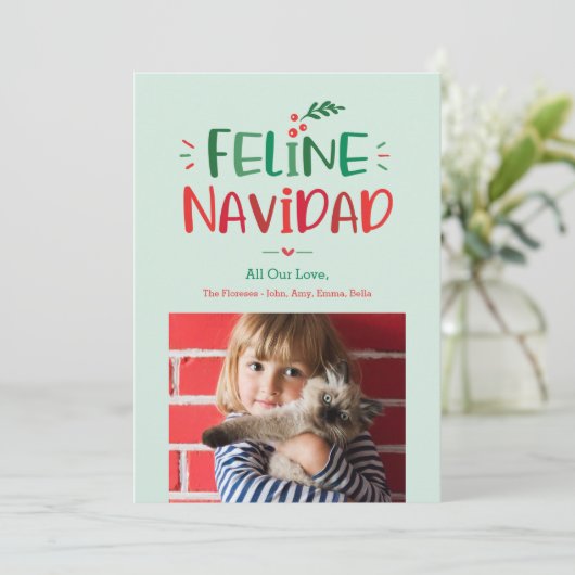 Feline Navidad Pet Holiday Fotokaart Feestdagenkaart (Staand voorkant)