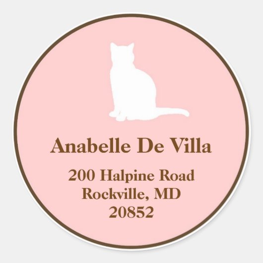 Feline roze bruin kat aangepaste naam adreslabel ronde sticker (Voorkant)