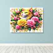 Feline temidden van een levendige bloemenbloei 24x canvas afdruk (Insitu (Houten vloer))