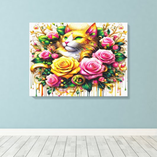 Feline temidden van een levendige bloemenbloei 24x canvas afdruk (Insitu (Houten vloer))