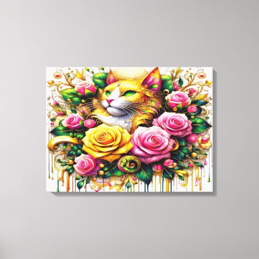Feline temidden van een levendige bloemenbloei 24x canvas afdruk (Voorkant)