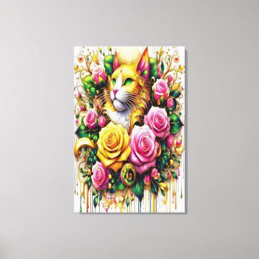 Feline temidden van een levendige bloemenbloei 24x canvas afdruk (Voorkant)