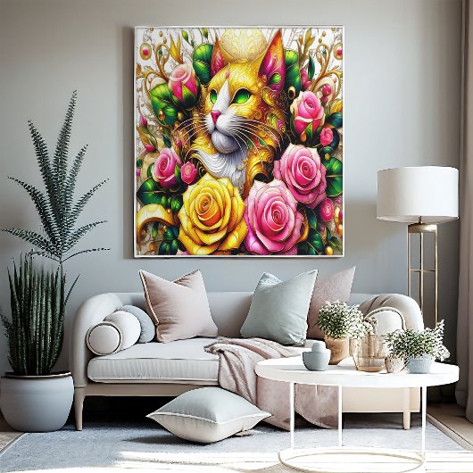 Feline temidden van een levendige bloemenbloei 24x poster