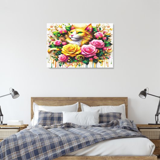 Feline temidden van een levendige bloemenbloei 36x canvas afdruk (Insitu (Slaapkamer))