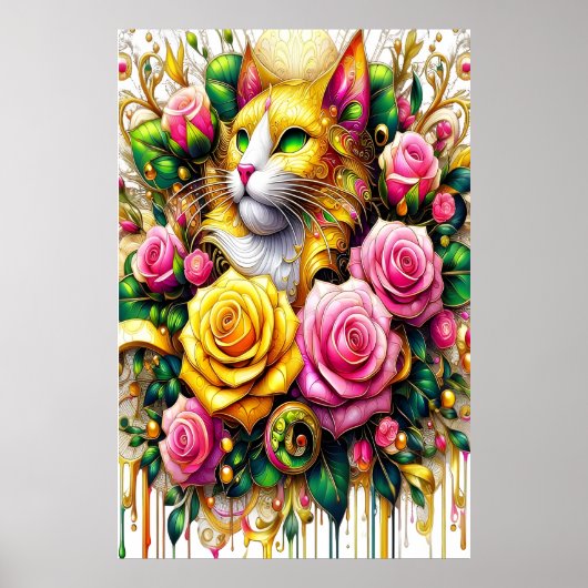 Feline temidden van een levendige bloemenbloei 40x poster (Voorkant)