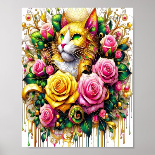 Feline temidden van een levendige bloemenbloei 8x1 poster (Voorkant)