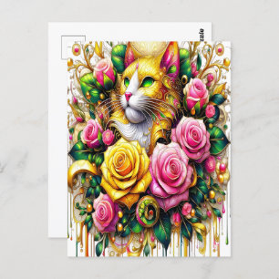 Feline temidden van een levendige bloemenbloei briefkaart