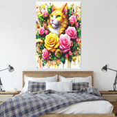 Feline temidden van een levendige bloemenbloei canvas afdruk (Insitu (Slaapkamer))