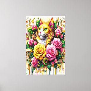 Feline temidden van een levendige bloemenbloei canvas afdruk