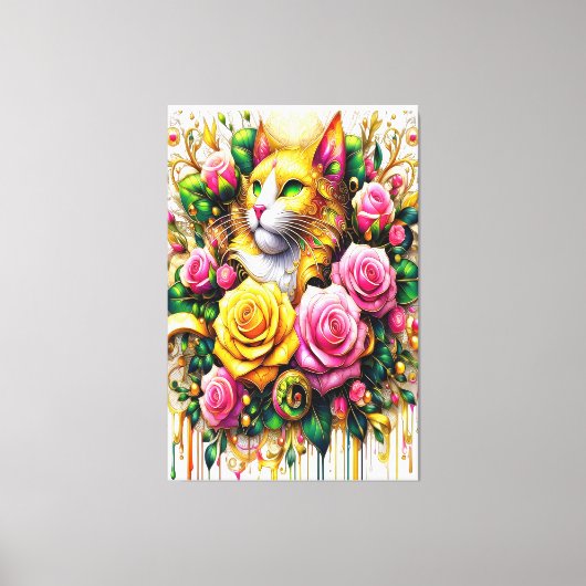 Feline temidden van een levendige bloemenbloei canvas afdruk (Voorkant)
