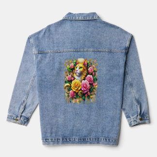Feline temidden van een levendige bloemenbloei denim jacket