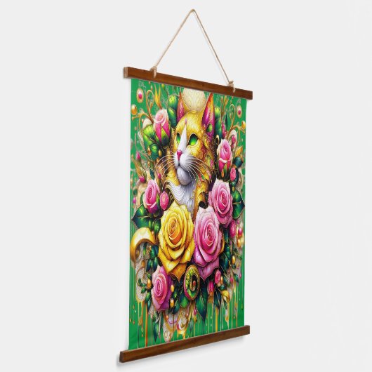 Feline temidden van een levendige bloemenbloei hangend wandkleed (Gebogen)