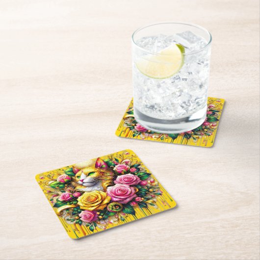 Feline temidden van een levendige bloemenbloei kartonnen onderzetters (Insitu)