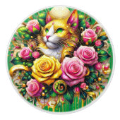 Feline temidden van een levendige bloemenbloei keramische knop (Voorkant)