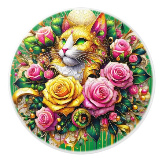 Feline temidden van een levendige bloemenbloei keramische knop (Voorkant)
