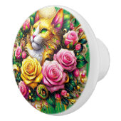 Feline temidden van een levendige bloemenbloei keramische knop (Rechts)